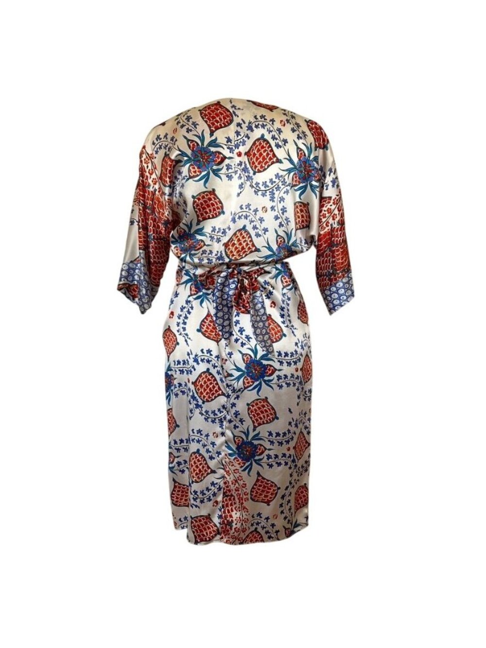 Single Dress 100% Silk Art-to-Wear Kimono Wrap Midi Dress Boho Print Sz S Resort - Picture 3 of 13